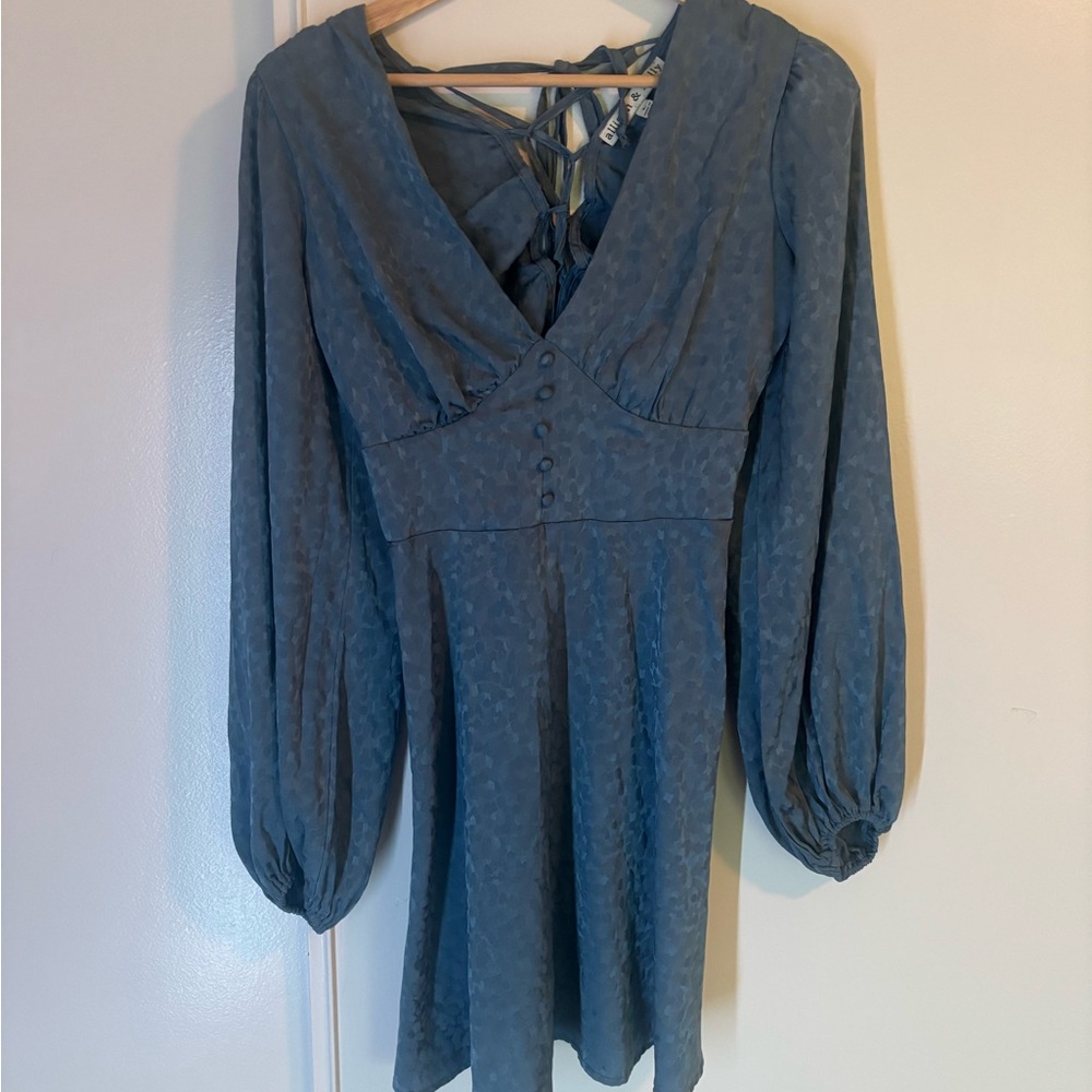 Textured Slate Blue Long-Sleeve V-Neck Mini Dress